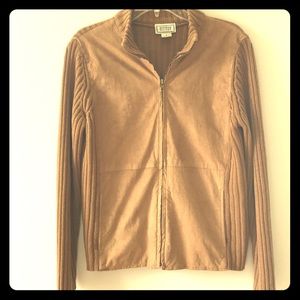 Jennifer Moore:  suede sweater coat in tan